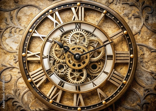 Macro shot of an ornate, intricately detailed, round, mechanical clock face with Roman numerals and delicate hands, set