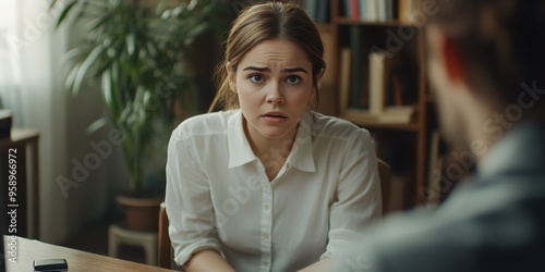 Uncertain Aspirations: Young Woman's Job Interview Dilemma in Modern Office. Abstract Marketing Background Highlighting Cultural Inclusivity, Freedom, and Career Challenges. End-of-Season Promotional 
