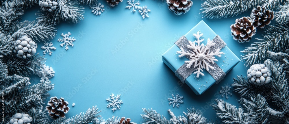 Simple winter snowflake background with a top view of a gift box, leaving plenty of room for text. Simple winter snowflake background with a top view of a gift box, leaving plenty of room for text.