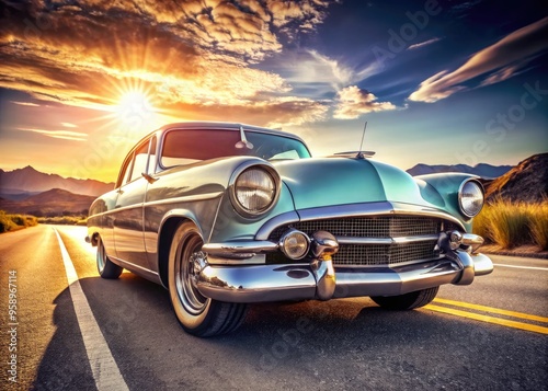 Retro sports car with iconic curved lines, gleaming chrome accents, and vintage badging, set against a nostalgic, sun-kissed American roadside backdrop.