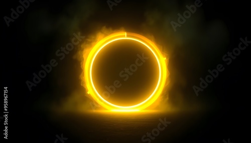 Glowing ring hovering above a circular platform, with smoke or fog rising from the platform.