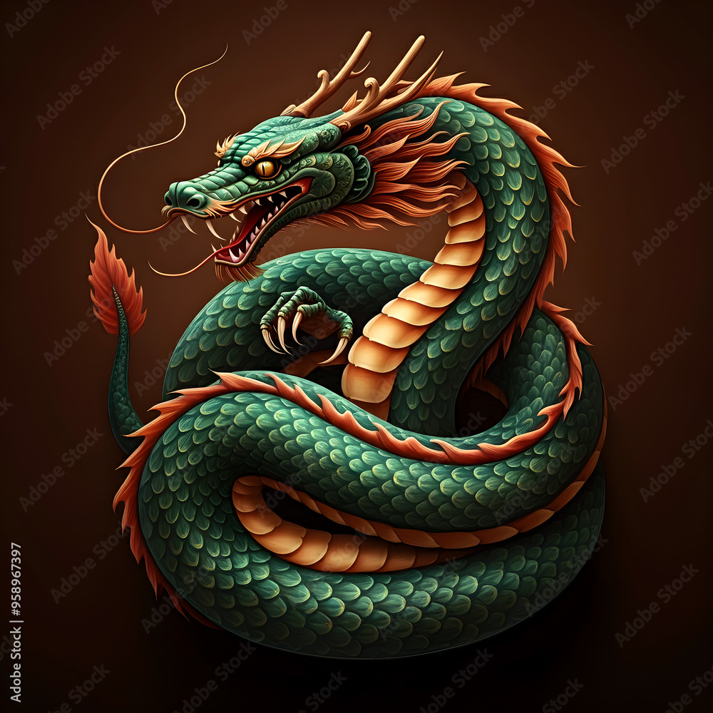 Symbol of chinese new year - snake, dragon, asian, eastern style illustration for postcard, calendar, greeting card, festive, magic background, winter holidays template for design.
Symbol of chinese new year - snake, dragon, asian, eastern style illustration for postcard, calendar, greeting card, festive, magic background, winter holidays template for design.