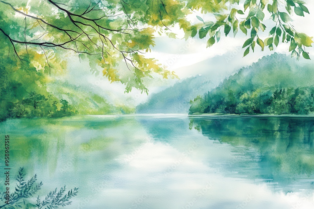 Watercolor Landscape with Green Foliage Overlooking a Lake and Mountain Range Watercolor Landscape with Green Foliage Overlooking a Lake and Mountain Range