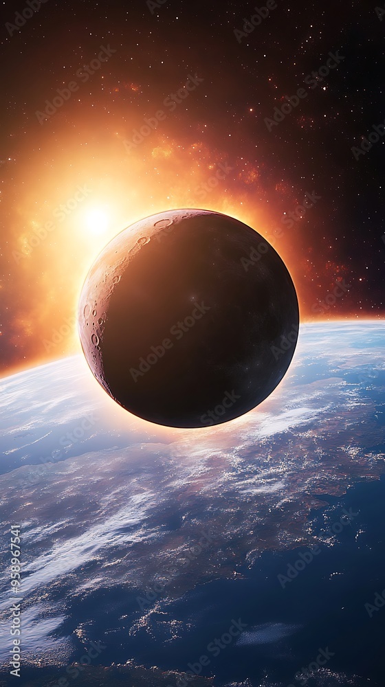 Majestic Solar Eclipse: Ultra-Realistic View of Moon Partially Obscuring Sun in Space Majestic Solar Eclipse: Ultra-Realistic View of Moon Partially Obscuring Sun in Space