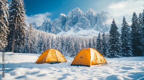 Camping tent outdoor. Camping leisure and destination travel near green forest mountain snow winter on the tents in morning. Tourism relax and chill in summer holiday