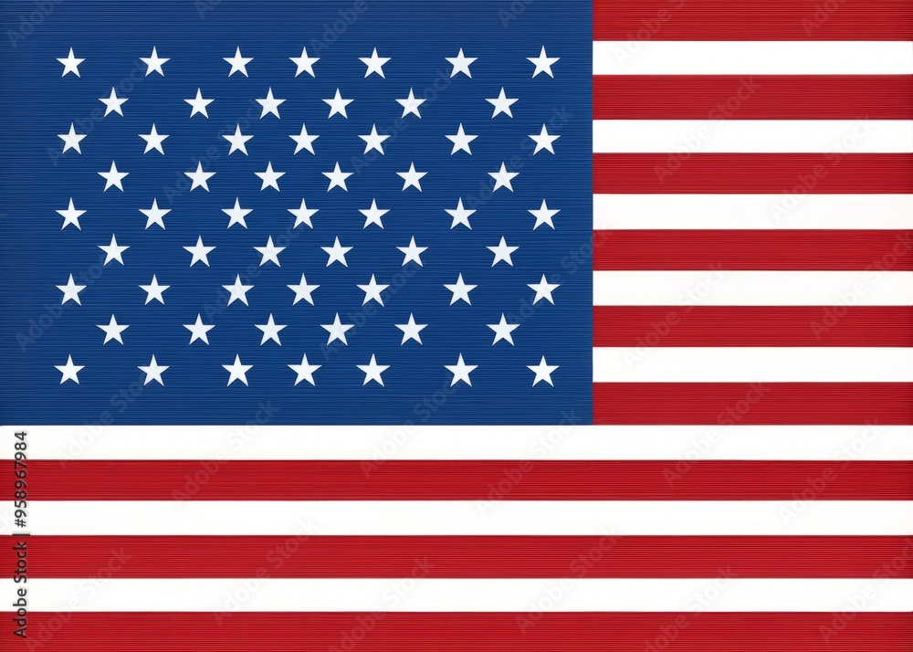 Fototapeta premium Patriotic emblem featuring thirteen horizontal stripes and fifty white stars on a blue field, symbolizing American
