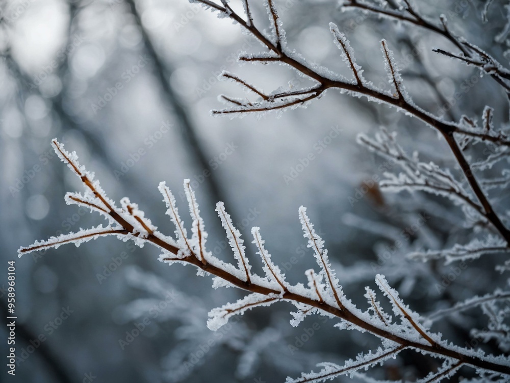 Frosty Branches Against a Snowy, Blurry Background Frosty Branches Against a Snowy, Blurry Background