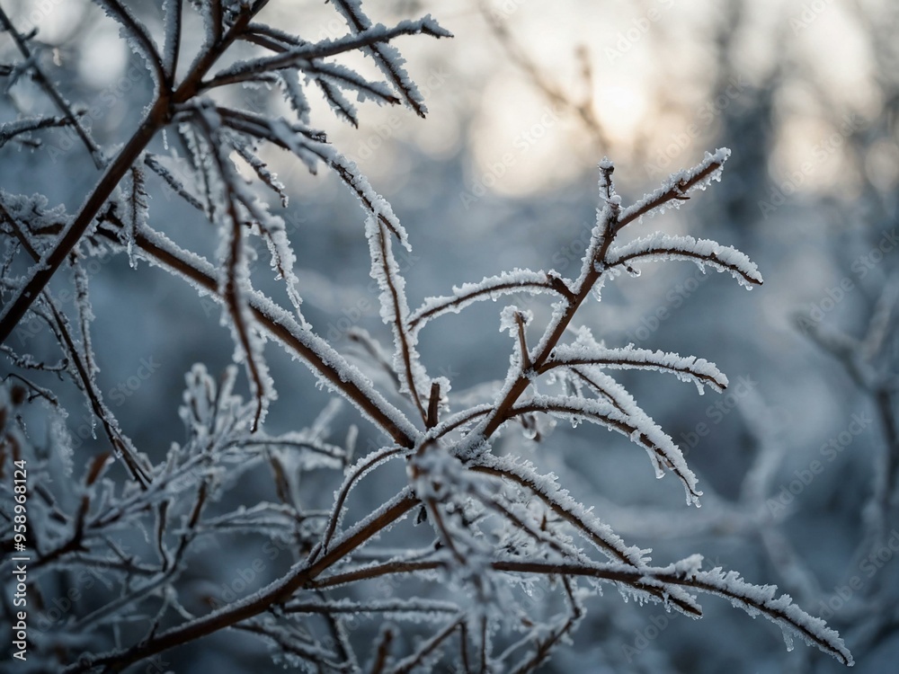 Frosty Branches Against a Snowy, Blurry Background Frosty Branches Against a Snowy, Blurry Background