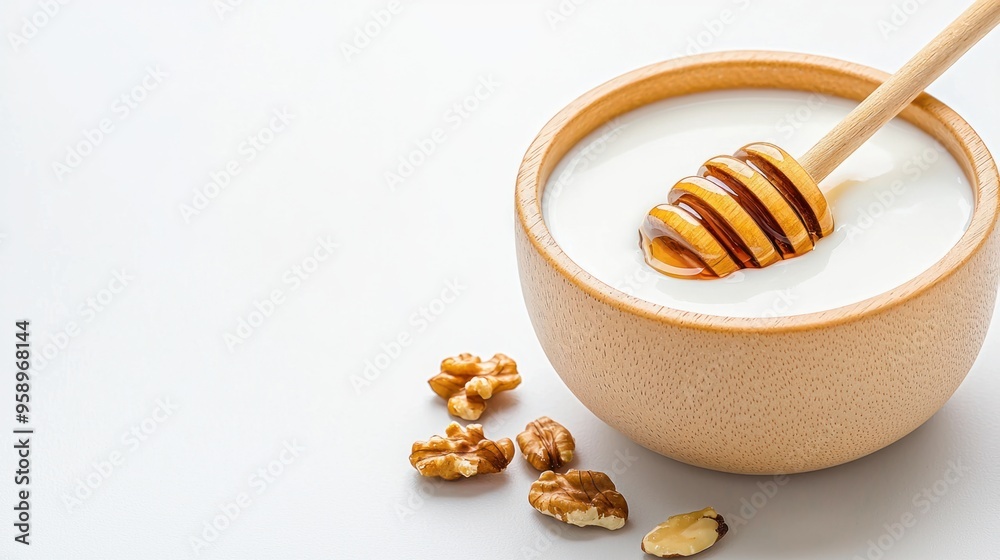 Minimalist Greek Yogurt Dish with Honey and Nuts on White Plate, Healthy Breakfast Concept Minimalist Greek Yogurt Dish with Honey and Nuts on White Plate, Healthy Breakfast Concept
