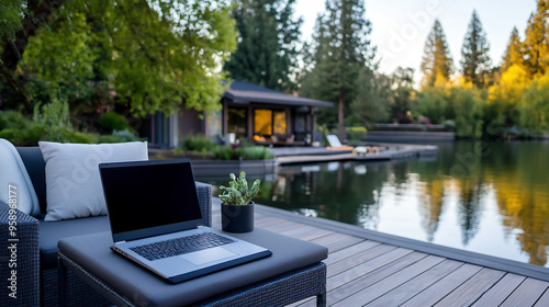 Laptop On A Table By A Serene Lakeside Lounge, Highlighting A Tranquil Work Retreat, Flexibility, And A Peaceful Setting.
