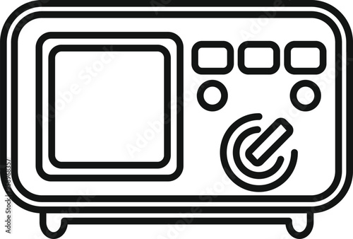 Simple black and white icon of an electronic device with buttons and a big switch being turned on