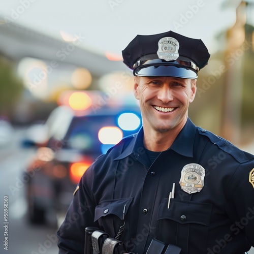 Police officer stands confidently in black uniform with gold accents and badge, smiling at the camera. Car headlights illuminate the scene behind him as another car drives away under a bridge. photo