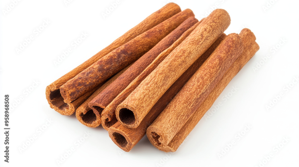 Cinnamon sticks isolated on a white background, top view. Close-up texture. Cinnamon sticks isolated on a white background, top view. Close-up texture.