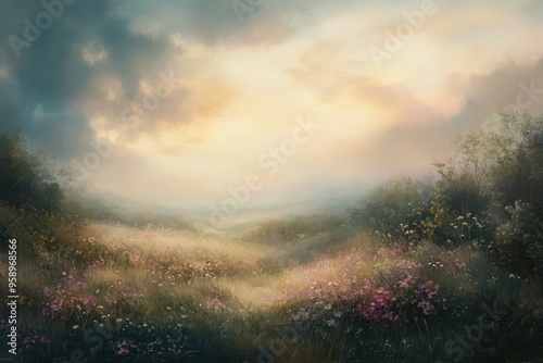 A Misty Meadow with Pink Flowers at Sunset