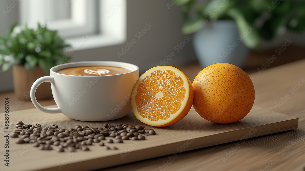 a cup of coffee surrounded by fresh orange slices and coffee beans a cup of coffee surrounded by fresh orange slices and coffee beans