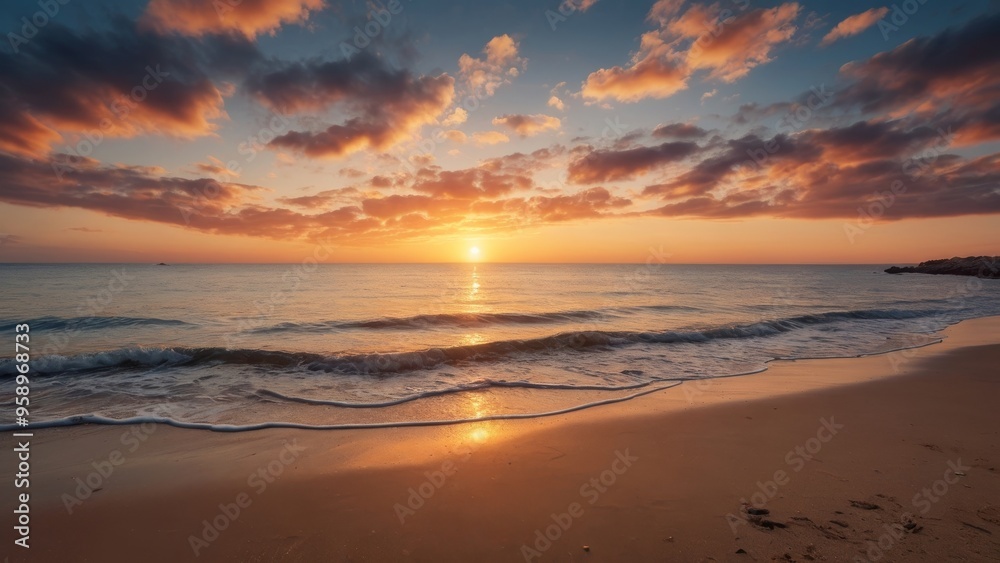 Golden sunset illuminating ocean waves crashing on sandy beach Golden sunset illuminating ocean waves crashing on sandy beach