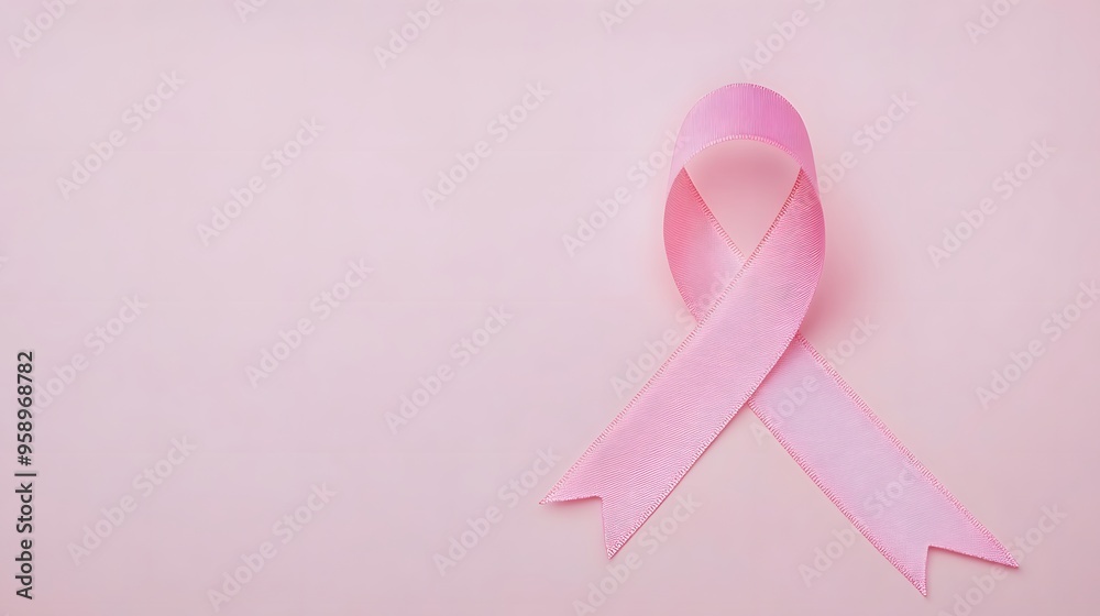 A pink ribbon on a pink background, a symbol of breast cancer awareness.