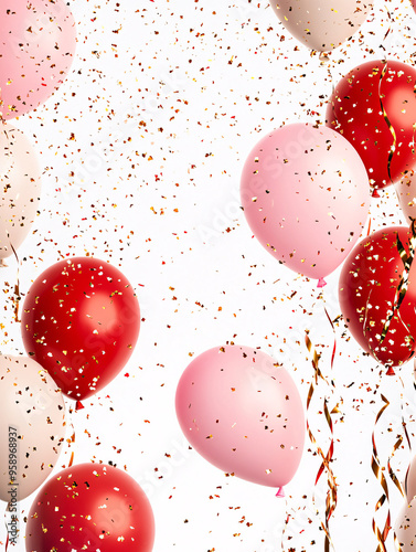 birthday party balloons, colourful balloons background and birthday cake with candles	