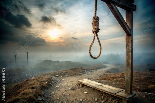 Rusted metal gallows with a frayed rope noose suspended ominously in a desolate, foggy landscape, evoking a sense