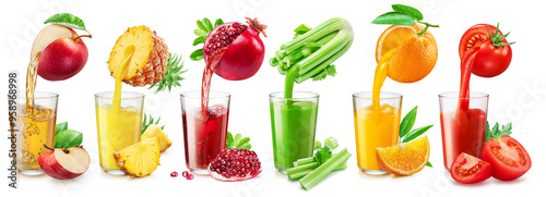 Foto Set of fruit juice glasses and fresh juice pouring from fruits into the glasses