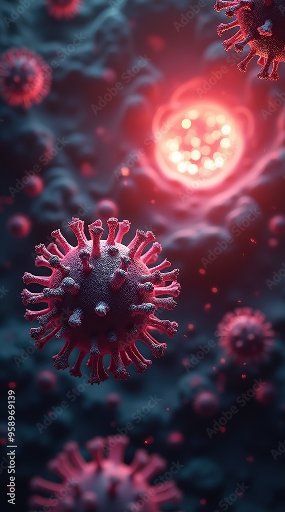 Obraz premium Close-up of cancer cell with red nucleus in blue environment