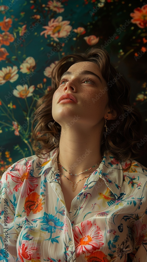 Portrait of a Woman with Freckles Looking Up in a Floral Shirt Portrait of a Woman with Freckles Looking Up in a Floral Shirt