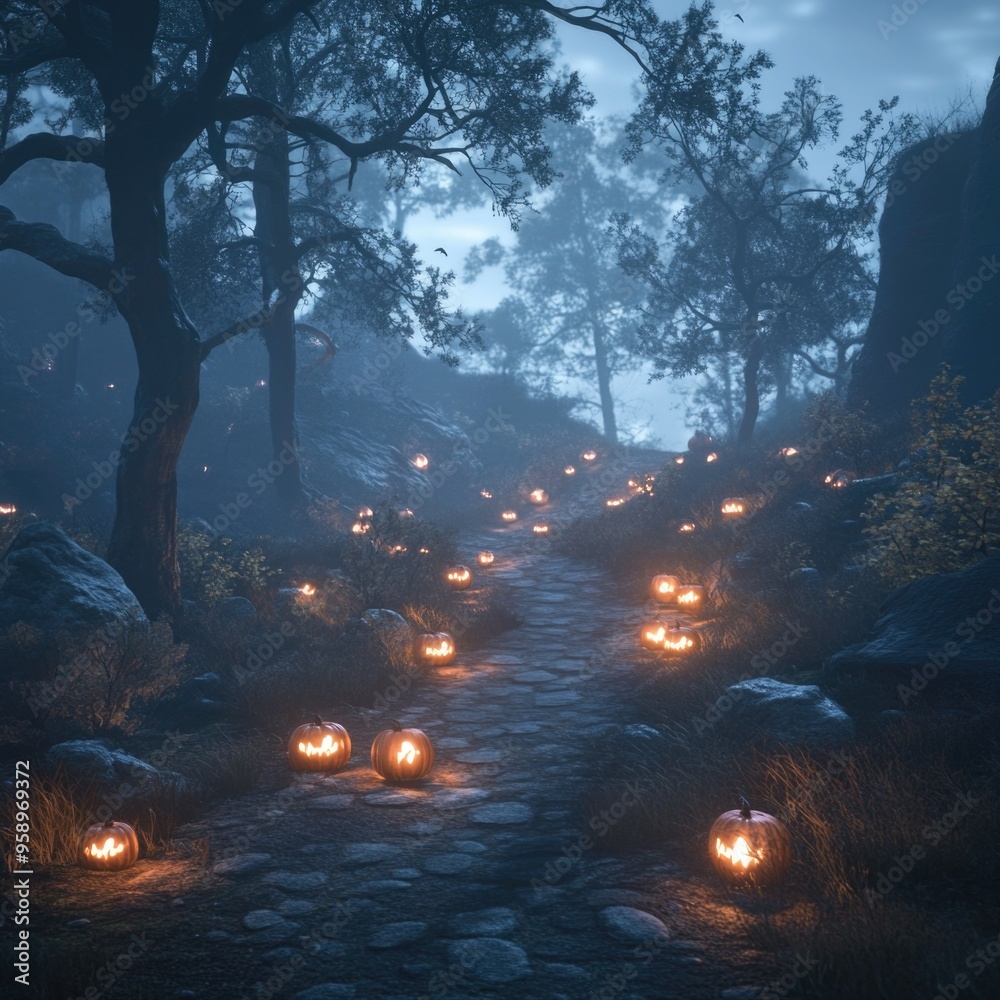 Enchanted Forest Trail at Night with Glowing Pumpkins and Ghostly Figures Amidst the Fog Enchanted Forest Trail at Night with Glowing Pumpkins and Ghostly Figures Amidst the Fog