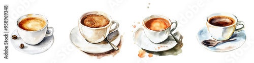 Four cups of coffee showcasing different brewing styles and colors, perfect for illustrating coffee-related themes.