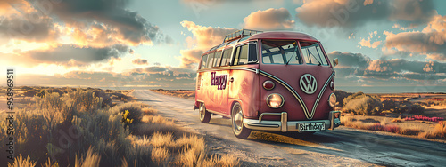 A vibrant red vintage van decorated for a birthday celebration, parked on a scenic road at sunset, surrounded by golden grass and colorful flowers.