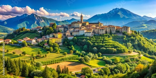 Serene Italian countryside landscape featuring the picturesque town of Lusiana, surrounded by lush green rolling hills photo