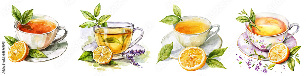 Four elegant tea cups with refreshing lemon and herbal accents, perfect for illustrating tea culture and relaxation. Four elegant tea cups with refreshing lemon and herbal accents, perfect for illustrating tea culture and relaxation.