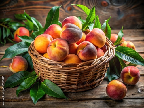 Ripe peaches overflow from a woven basket, surrounded by lush green leaves, against a rustic wooden background, evoking warmth and Southern hospitality.