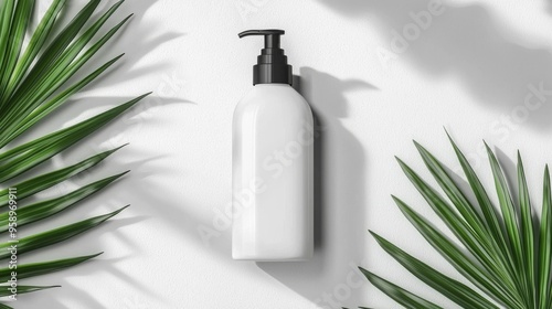 Minimalist Design of a Cosmetic Bottle Surrounded by Lush Green Palm Leaves on a Clean Background for Modern Beauty Products photo