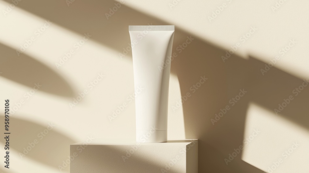 A Minimalist Beauty: A Chic Cosmetic Tube Set Against a Soft Neutrally Toned Backdrop with Beautiful Shadows A Minimalist Beauty: A Chic Cosmetic Tube Set Against a Soft Neutrally Toned Backdrop with Beautiful Shadows