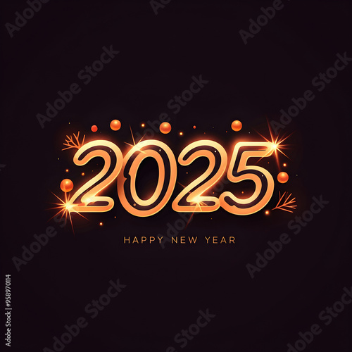 Happy new 2025 year postcard with sparkles, poster with glowing numbers on black background, sparkling, magic, festive, greeting, invitation card. 