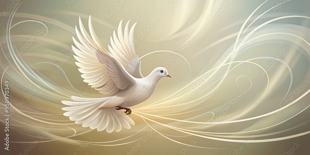 Obraz premium Simple, hand-drawn illustration of a peaceful white dove in gentle flight, surrounded by soft, swirly lines and subtle