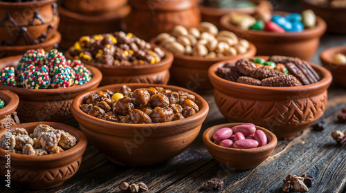 Variety of nuts and candies in traditional clay bowls on wooden table