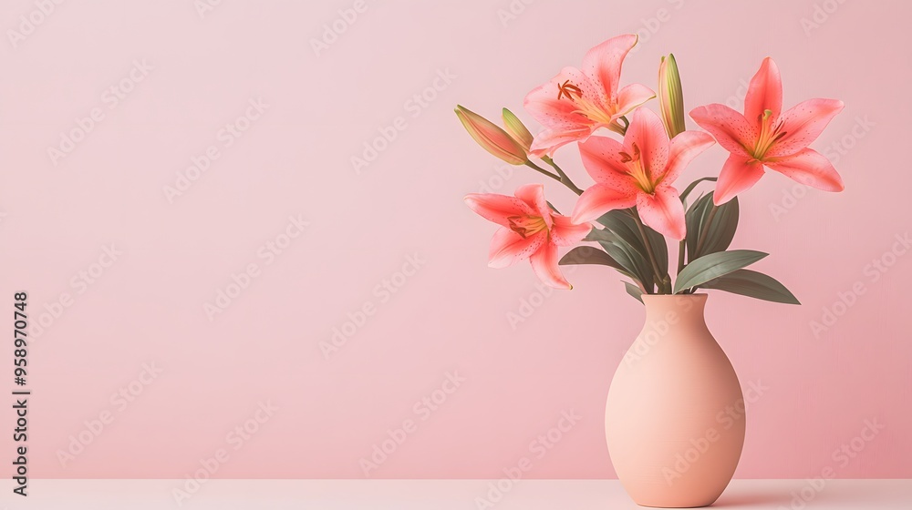 Elegant bouquet of pink lilies, A beautiful arrangement of pink lilies in a pastel vase, casting soft shadows against a neutral background. Ideal for themes of elegance, beauty, and interior decor. Elegant bouquet of pink lilies, A beautiful arrangement of pink lilies in a pastel vase, casting soft shadows against a neutral background. Ideal for themes of elegance, beauty, and interior decor.