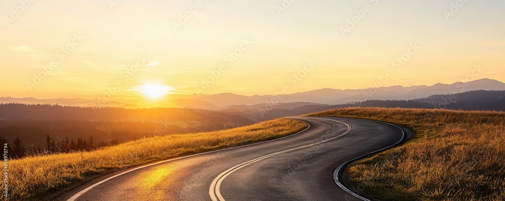 Fototapeta premium A winding road leads through golden fields under a stunning sunset, evoking a sense of adventure and freedom in nature.