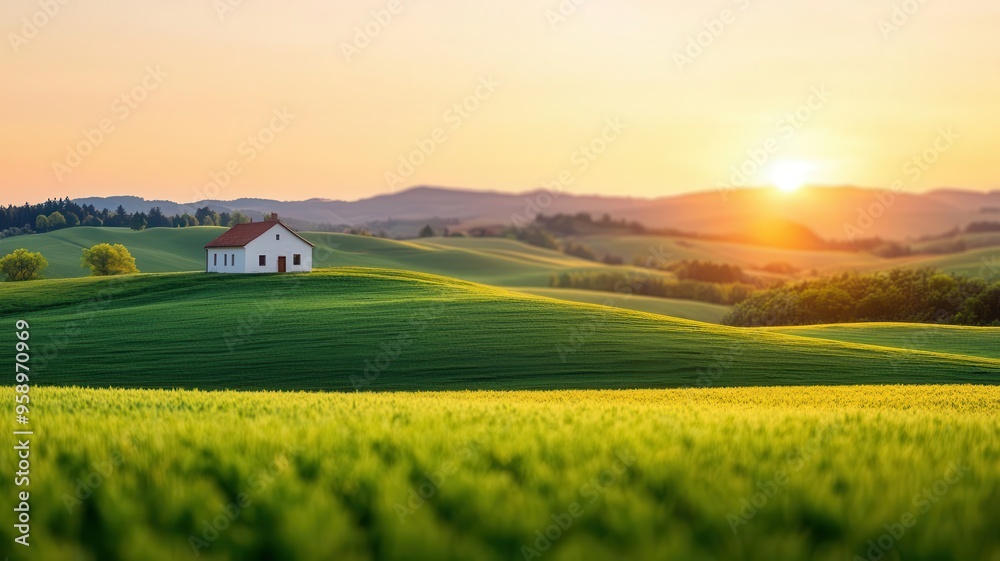 Bright sunrise over rolling hills, representing hope and new opportunities Bright sunrise over rolling hills, representing hope and new opportunities