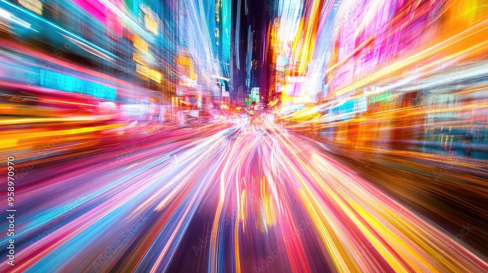 Vibrant light trails in motion over a city background, creating an abstract, high-energy effect with a touch of modernity. Vibrant light trails in motion over a city background, creating an abstract, high-energy effect with a touch of modernity.