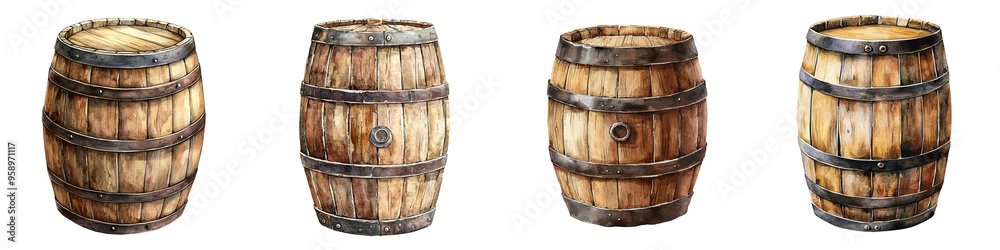 Set of wooden barrels, perfect for rustic decor, storage solutions, or as props in themed events and photography settings. Set of wooden barrels, perfect for rustic decor, storage solutions, or as props in themed events and photography settings.
