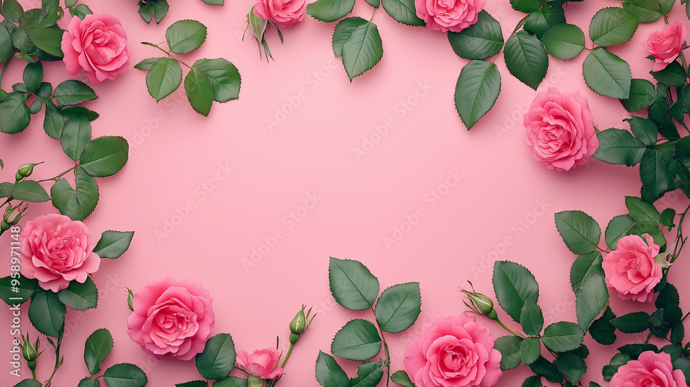 a frame made from pink roses and green leaves against a soft pink background a frame made from pink roses and green leaves against a soft pink background