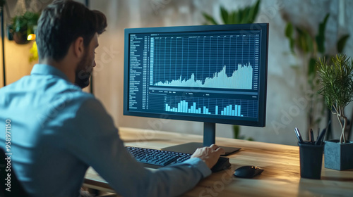 A Business Analyst Carefully Reviewing Detailed Financial Reports at a Modern Office Desk During Work Hours