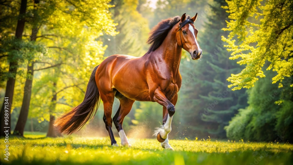 Obraz premium Strong, muscular legs of a majestic brown horse, hooves gleaming in sunlight, standing in a lush green meadow