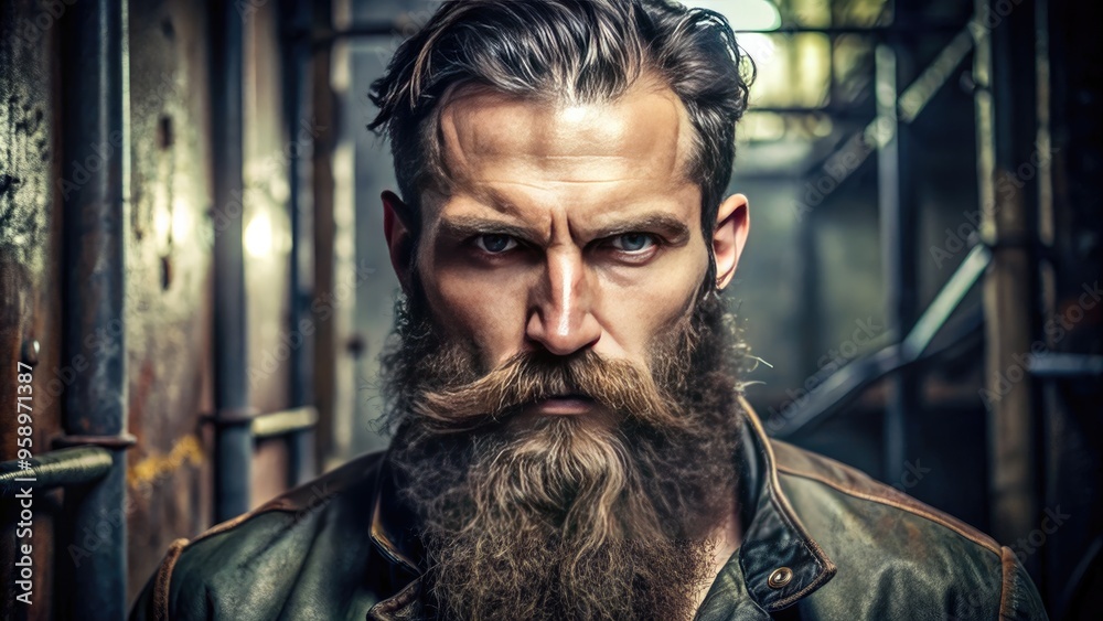 Rugged, muscular man with a thick, untamed beard and intense gaze, showcasing raw power and masculinity against a gritty, industrial background. Rugged, muscular man with a thick, untamed beard and intense gaze, showcasing raw power and masculinity against a gritty, industrial background.