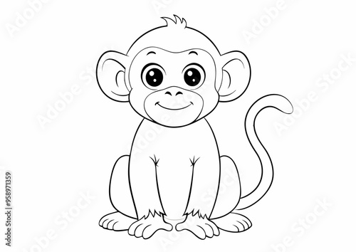 Cute cartoon monkey outline for coloring, playful design, fun activity, copy space
