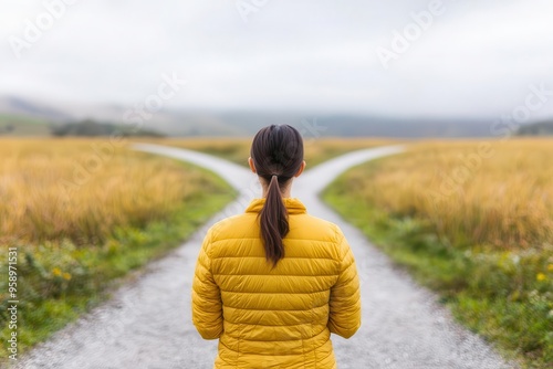Person standing at a crossroads, deciding which path to take for a new beginning