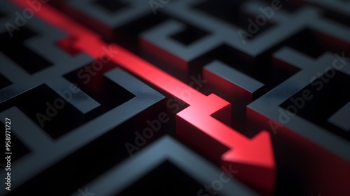 Bold red arrow making its way through a black labyrinth image