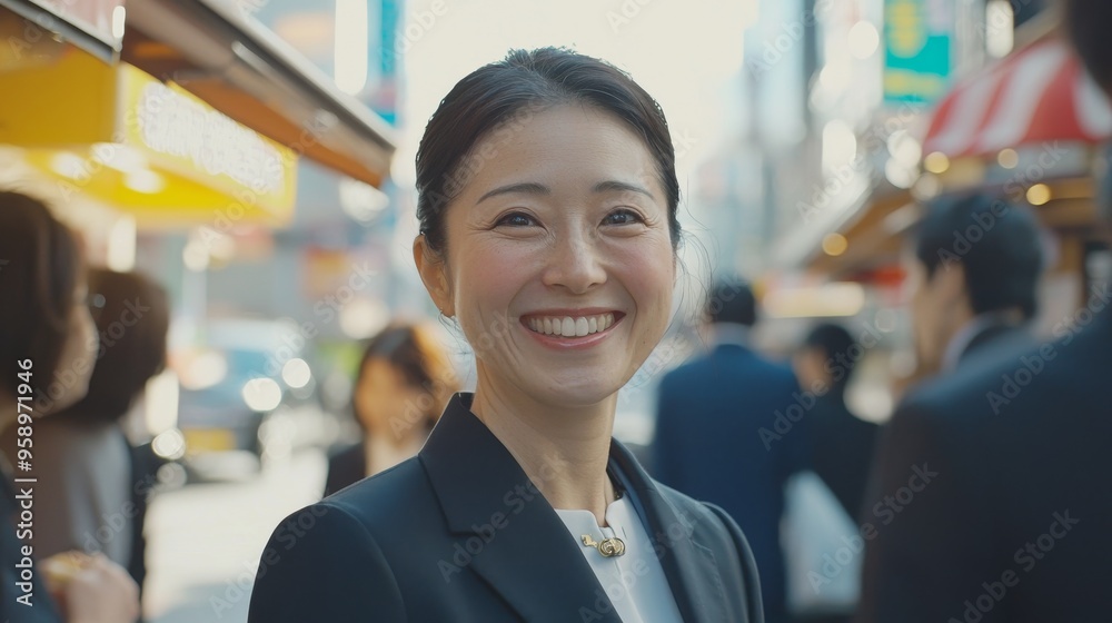 A radiant businesswoman smiles brightly in a bustling urban street, showcasing determination and poise amidst the city life around her. A radiant businesswoman smiles brightly in a bustling urban street, showcasing determination and poise amidst the city life around her.